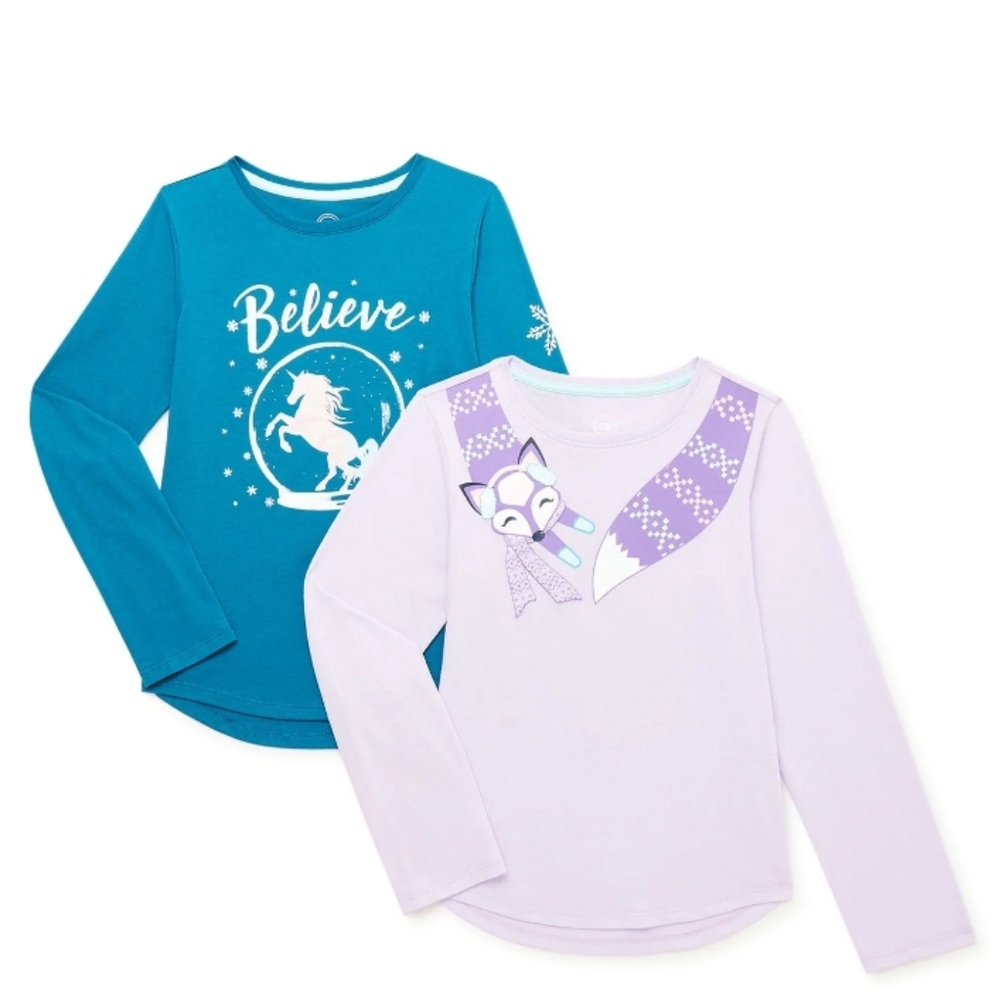 NWT Wonder Nation Girls’ Long Sleeve Graphic T-Shirts, 2-Pack, Size M